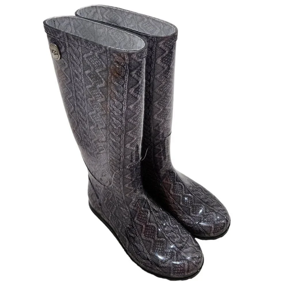 UGG Shaye Cable Knit Women Tall Grey Orange Tie Dye Rain Boots Size 5